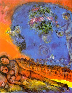 zeitgenosse - Paar auf rotem Hintergrund Zeitgenosse Marc Chagall